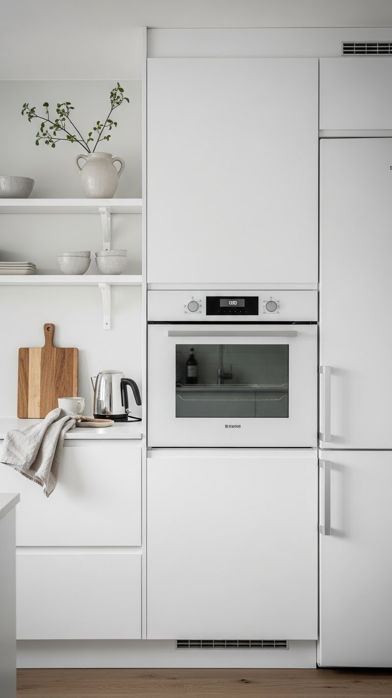 Minimalist Scandinavian kitchen with sleek handleless white cabinetry and integrated appliances in natural light