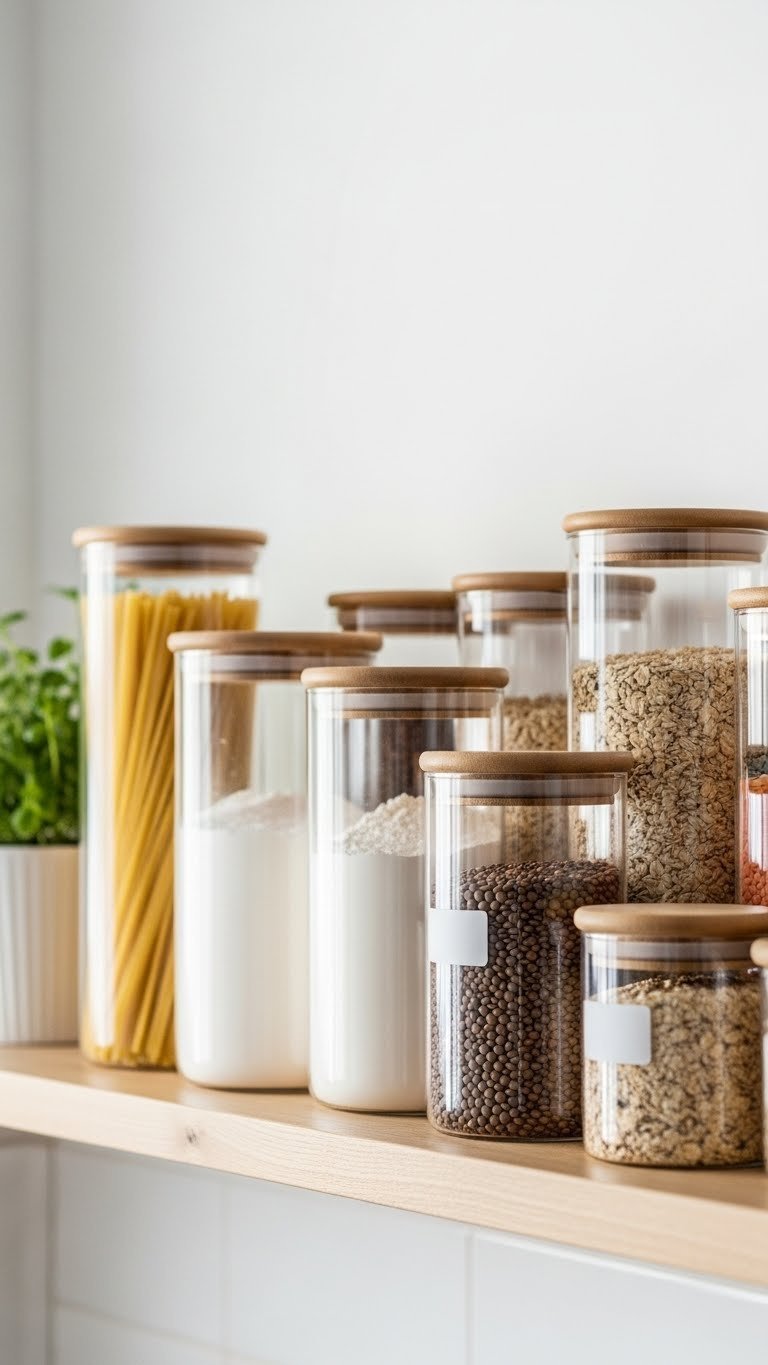 Minimalist Scandinavian pantry shelf featuring uniform glass jars with natural wood lids filled with pantry staples