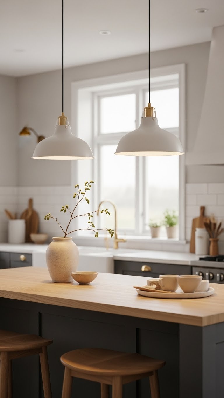 Minimalist Scandinavian pendant lights hanging above light wooden kitchen island with warm diffused lighting creating cozy ambiance