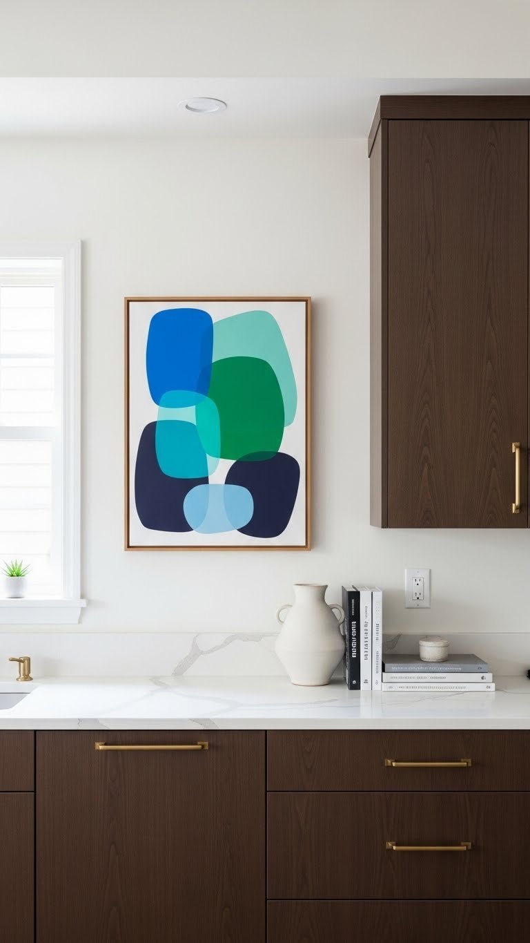 Minimalist abstract art in cool tones hanging on light wall creating focal point against warm brown cabinets