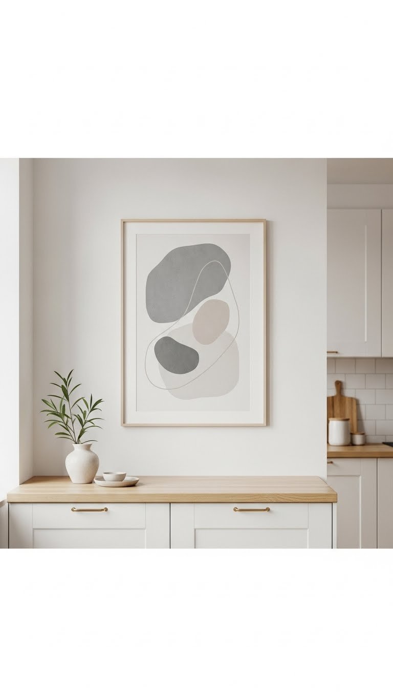Minimalist abstract art print mounted on clean white kitchen wall above sleek light wood counter in Scandinavian kitchen interior