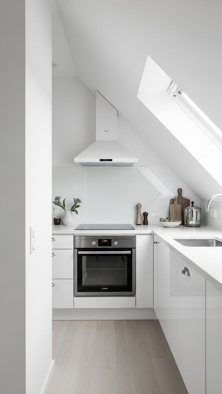 Minimalist attic kitchen with light color palette and reflective surfaces creating illusion of expanded space