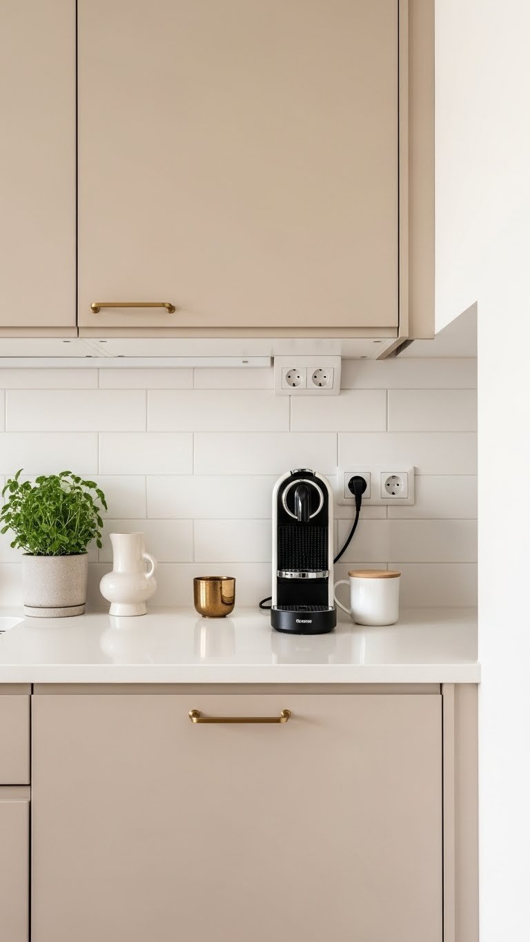 Minimalist beige kitchen with pristine countertop featuring only essential items like coffee maker or vase