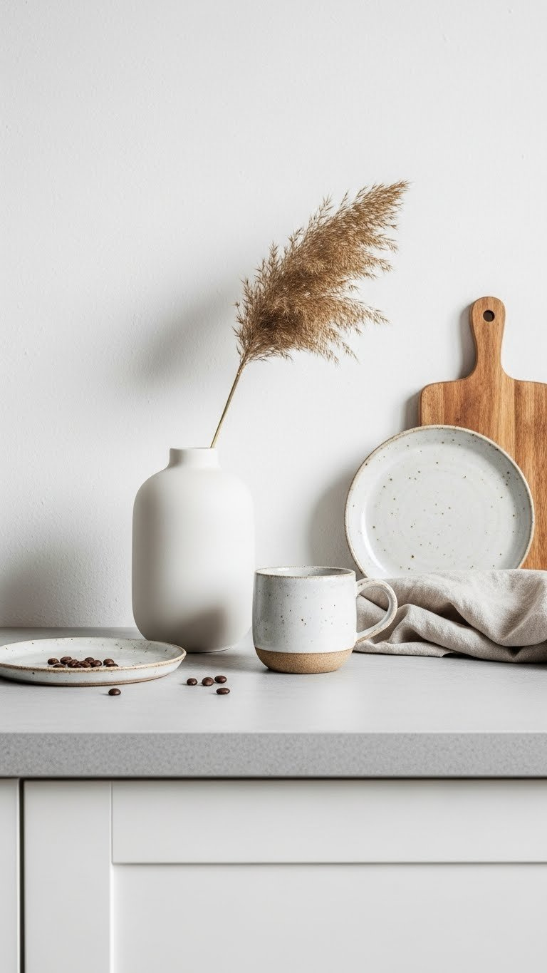 Minimalist ceramic pieces including white vase with dried pampas grass arranged on light concrete kitchen counter