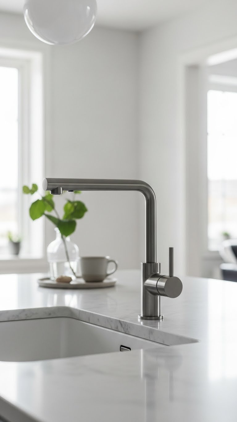 Minimalist chrome kitchen tap on white marble countertop with soft natural lighting and green plant accents in Scandinavian interior design.