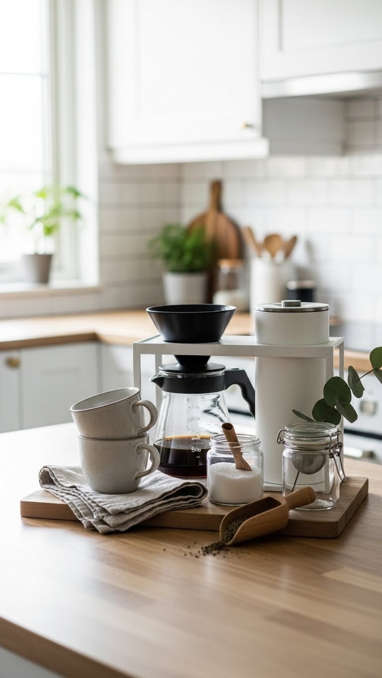 Minimalist coffee station with pour-over stand and ceramic mugs on light wooden countertop