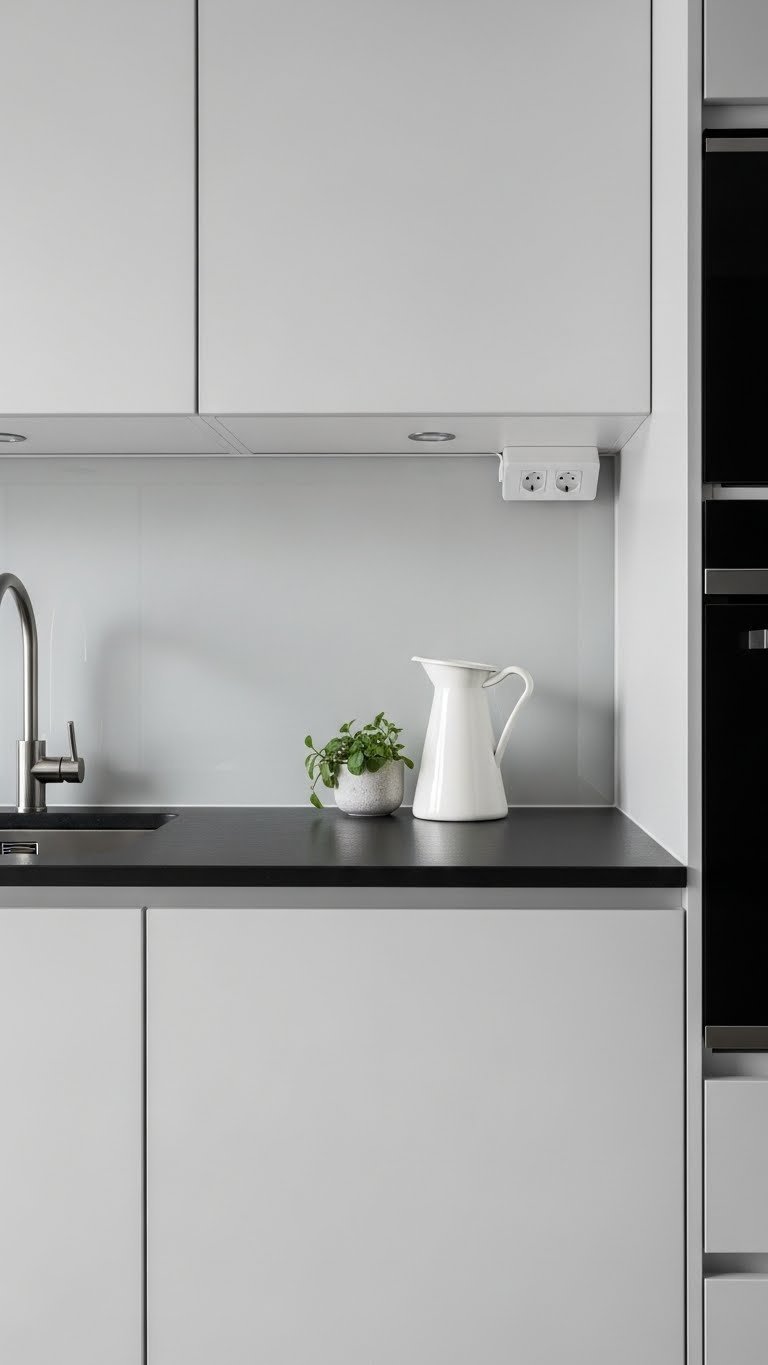 Small Kitchen Dark Countertops: 7 Ways To Transform Your Space 11 Minimalist dark charcoal grey kitchen countertop with single white ceramic pitcher and small green plant