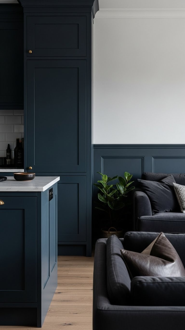 Dark Kitchen Living Room Aesthetic: 7 Essential Chic Ideas 1 Minimalist dark navy kitchen island with brass trim, charcoal sofa, navy accent wall. Modern open-concept living room interior design.