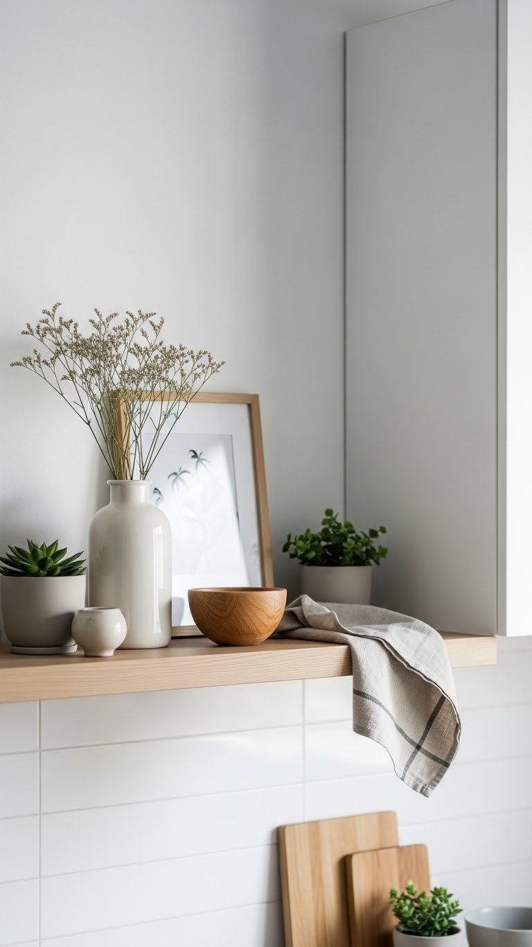 Minimalist decor collection on light wood shelf with ceramic vase and natural materials