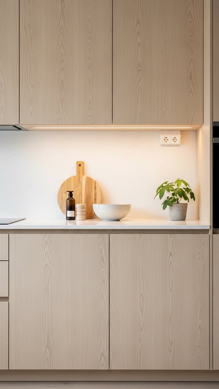 Minimalist flat-front light wood kitchen cabinets in bright Scandinavian kitchen with clean countertop