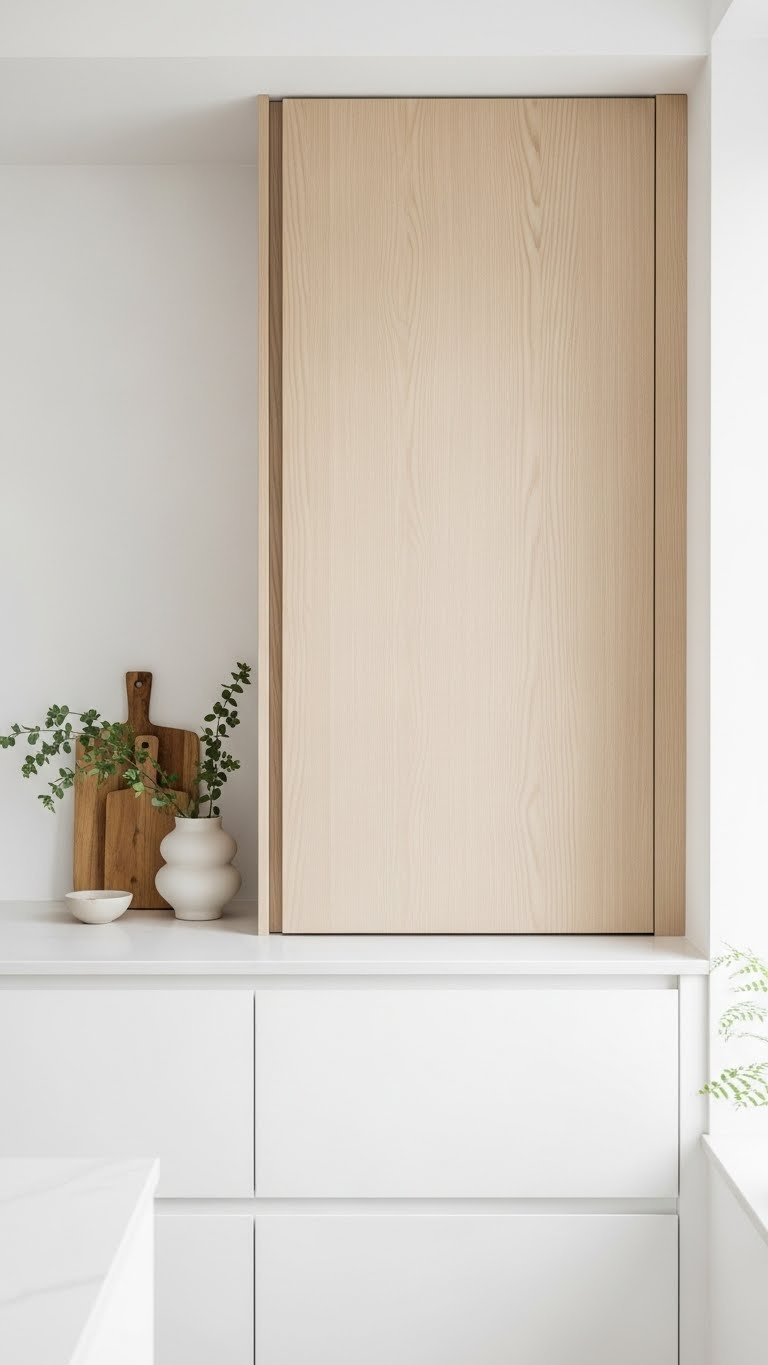 Minimalist flat-panel scandi kitchen cabinets in light natural wood finish with soft natural lighting and decorative plant.
