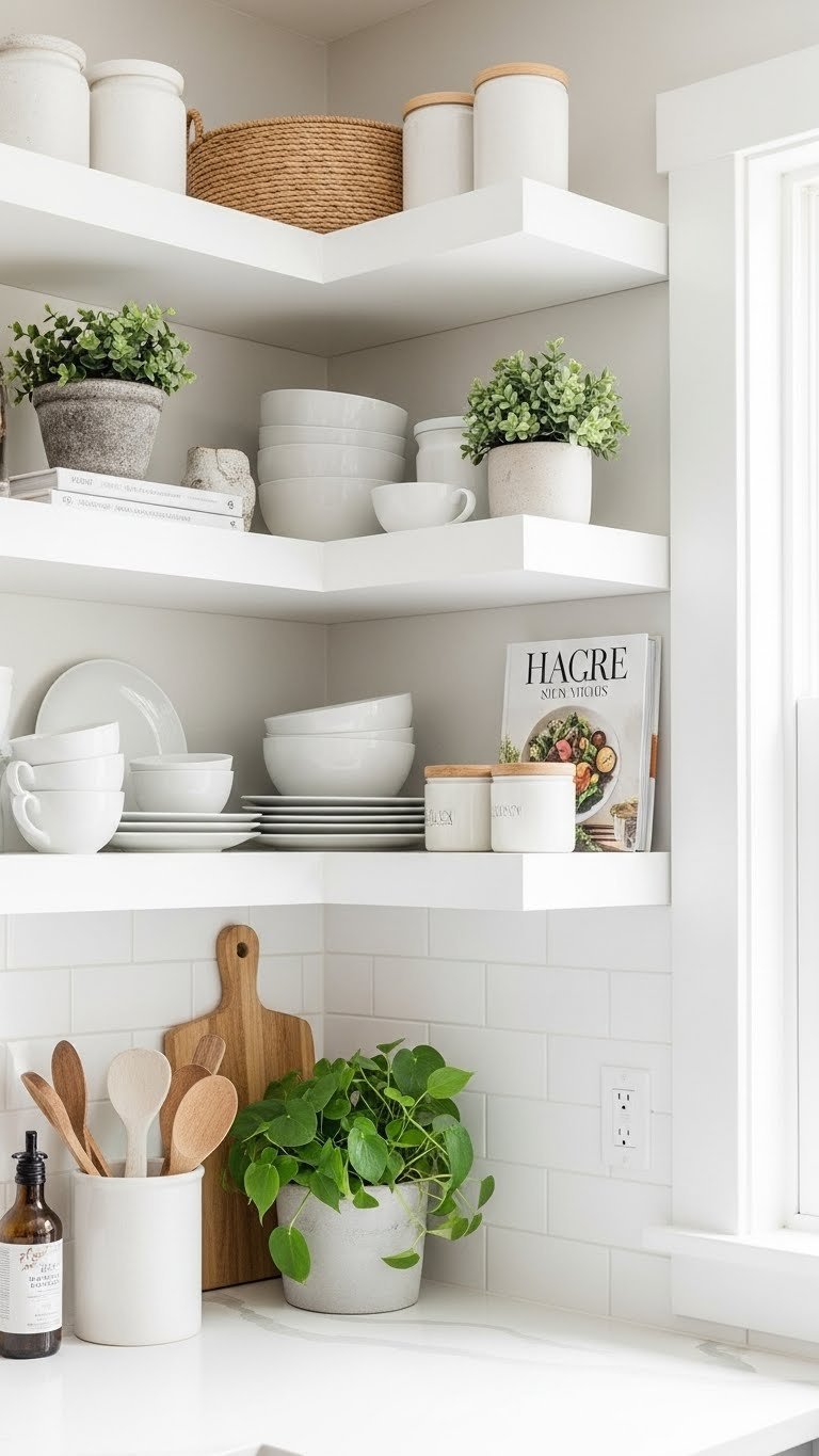 Minimalist floating corner shelves displaying ceramic dishware, potted plants, and cookbooks in bright modern kitchen setting