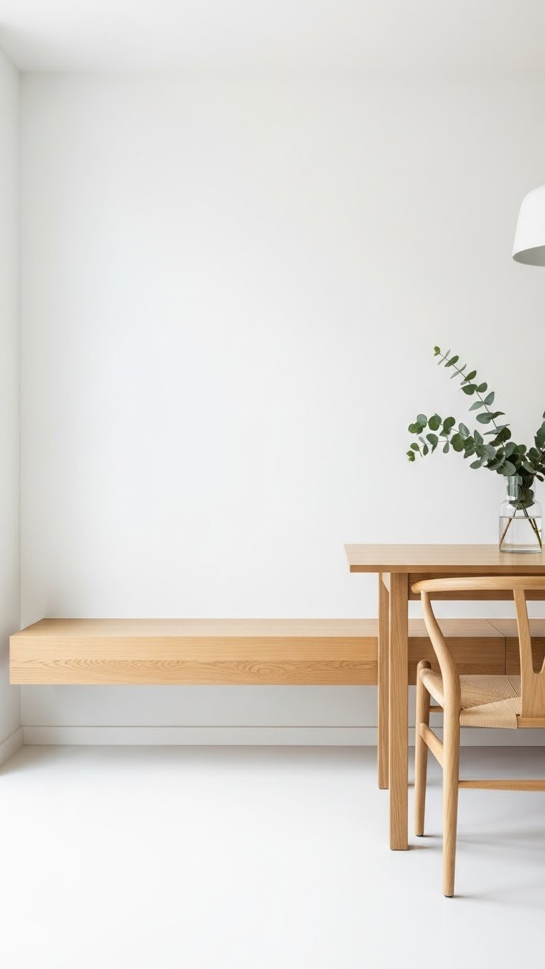 Minimalist floating oak bench with wishbone chairs, glass vase, and eucalyptus sprig in bright airy kitchen nook.