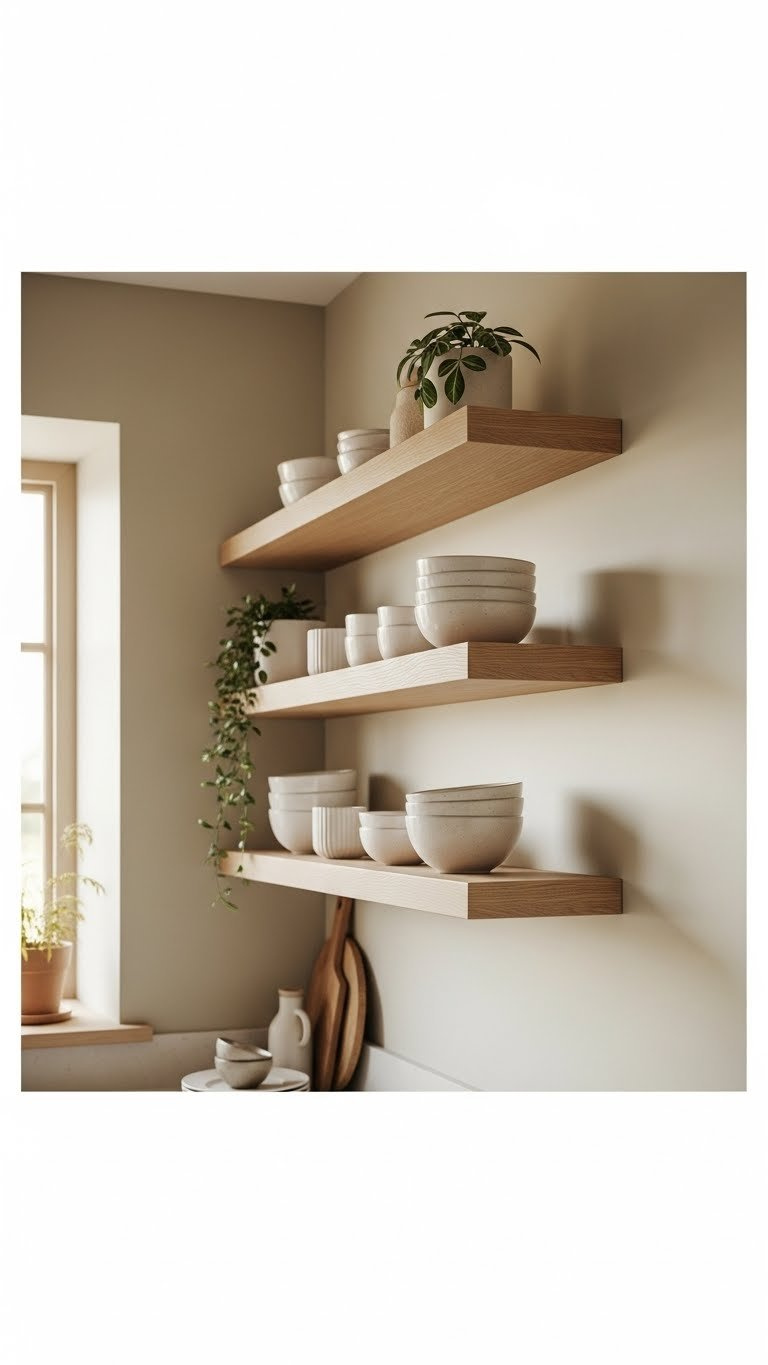 Minimalist floating oak shelves displaying ceramic dishware against sage green kitchen wall with soft natural lighting