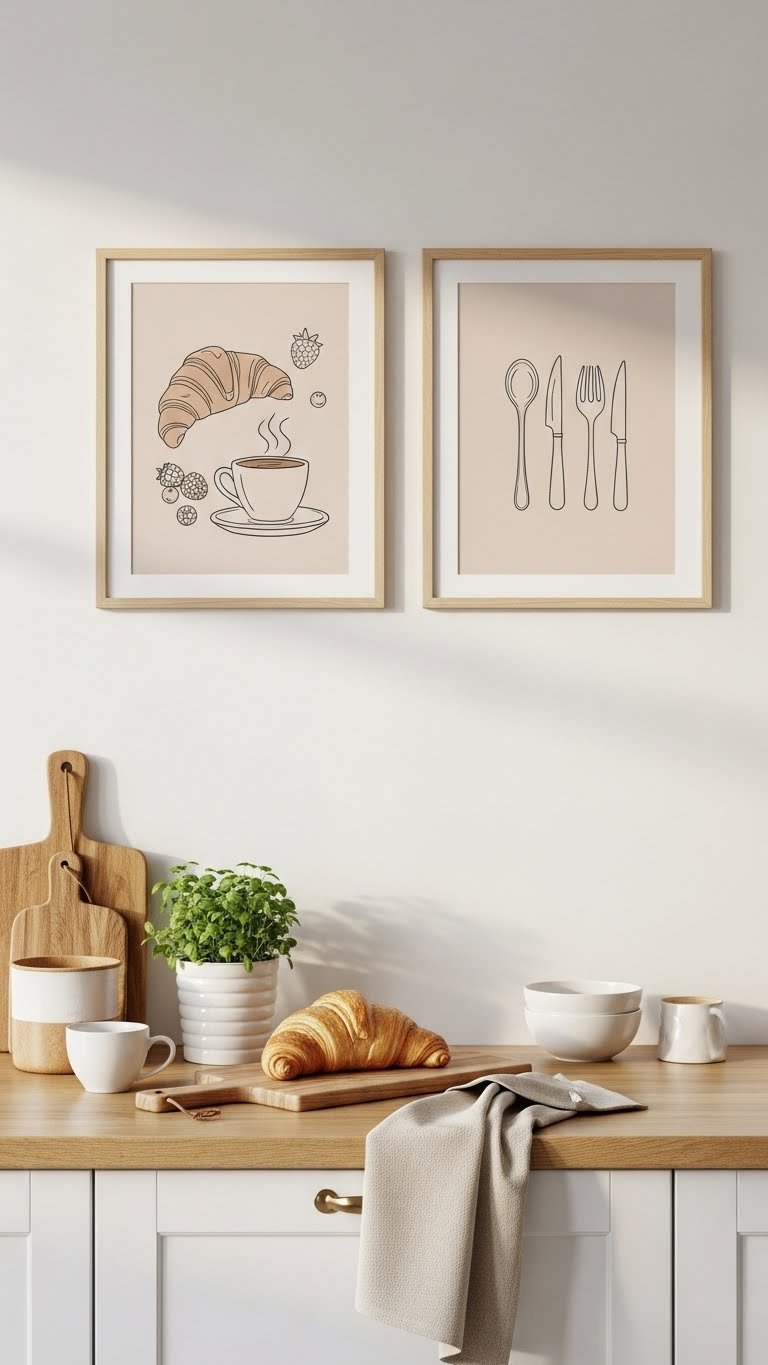 Scandi Kitchen Artwork: 11 Essential Ideas For A Cozy Home 11 Minimalist food photography print displayed on white kitchen wall with warm golden hour lighting and wooden countertops