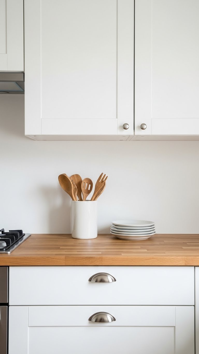 Minimalist functional Japandi kitchen countertop with wooden utensil holder against handleless cabinetry