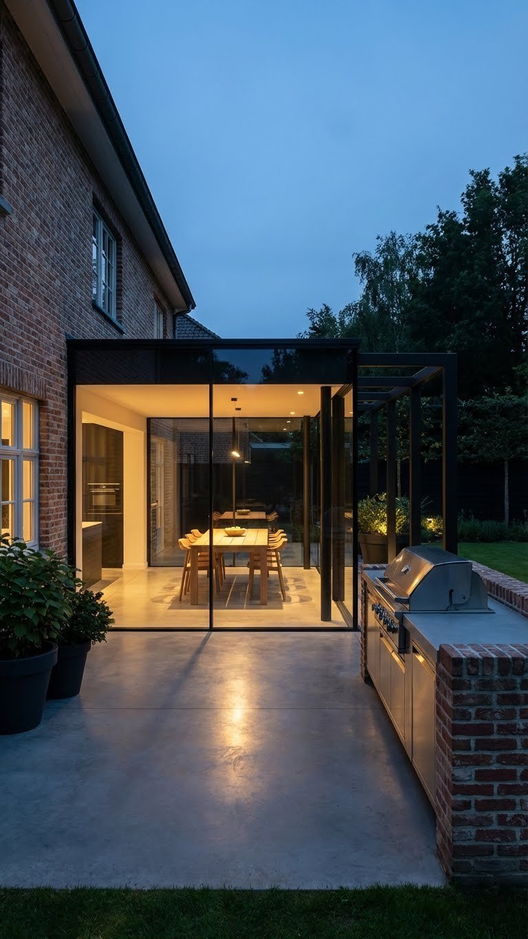 Outdoor Kitchen Extension Ideas That Create Seamless Indoor Outdoor 7 Minimalist glass outdoor kitchen extension attached to brick house with dining table at twilight