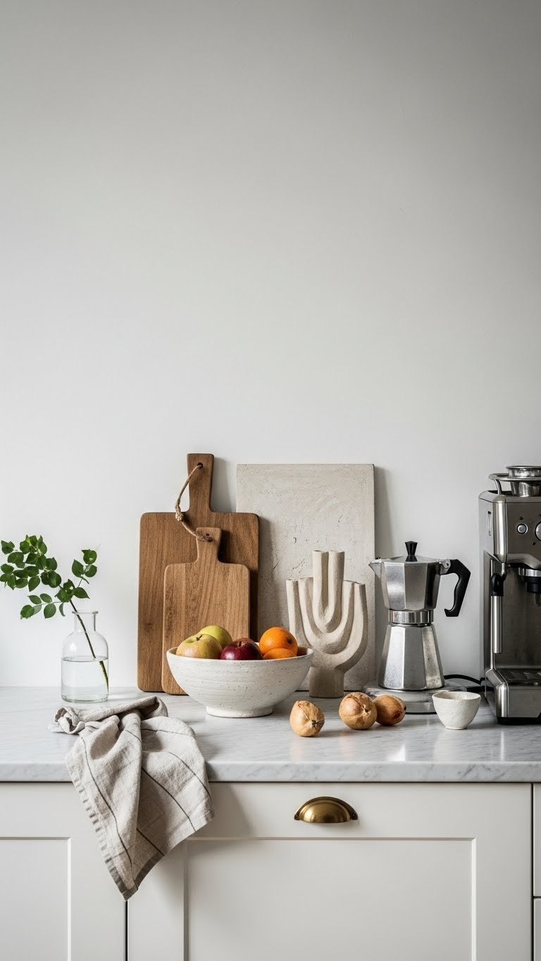 Minimalist kitchen curated with understated decor including wood cutting board and ceramic fruit bowl