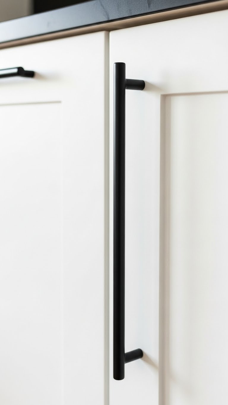 Minimalist kitchen detail: crisp white flat panel cabinet door with long sleek matte black pull handle on a dark wall.