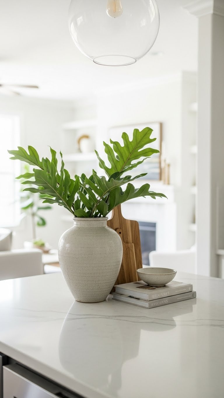 Minimalist kitchen island with light gray quartz countertop, ceramic vase with houseplant, wooden cutting board, cookbooks, soft natural light.