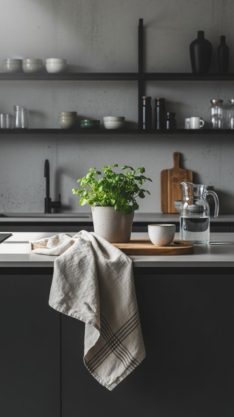 Scandi Industrial Kitchen Design: 9 Proven Ways To Maximize Style 17 Minimalist kitchen island with linen tea towel, ceramic plant pot, and wooden cutting board