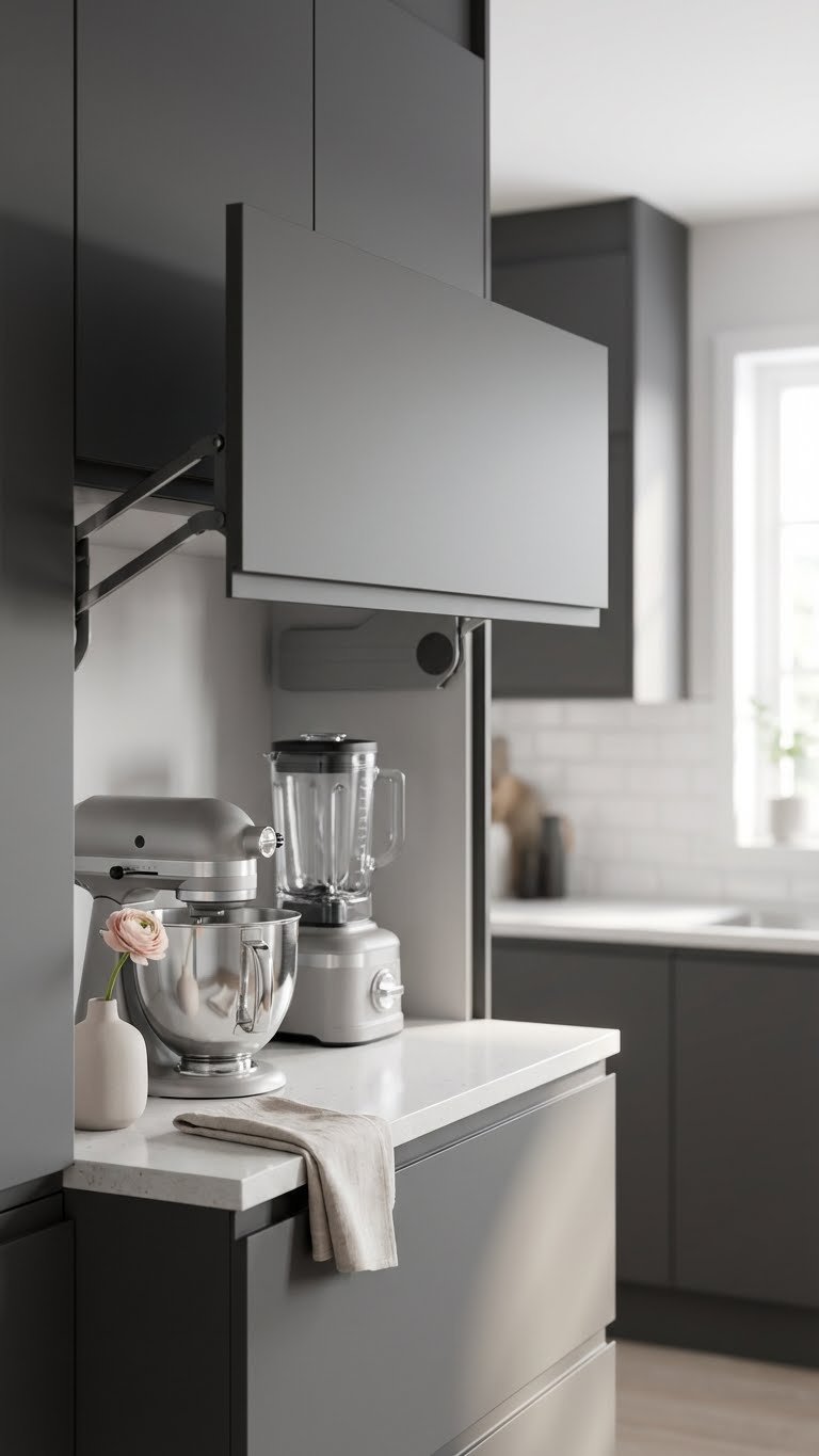 11 Essential Appliance Garage Pantry Ideas To Declutter 11 Minimalist kitchen: open dark grey lift-up door appliance garage reveals a sleek stand mixer and high-speed blender.