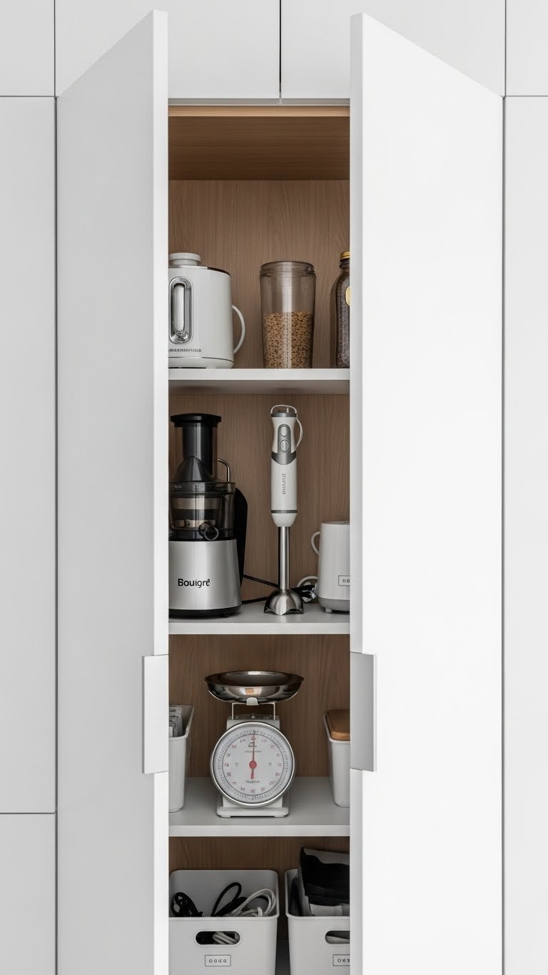 9 Smart Kitchen Pantry Ideas For Appliance Storage 11 Minimalist kitchen pantry conceals small appliances like a juicer and hand blender behind seamless white cabinet doors for a clean aesthetic.