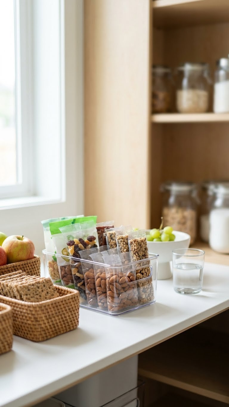 Minimalist Kitchen Pantry: 11 Smart Ideas To Organize 17 Minimalist kitchen pantry features a clean, accessible snack station with healthy, portioned snacks neatly arranged in clear bins.