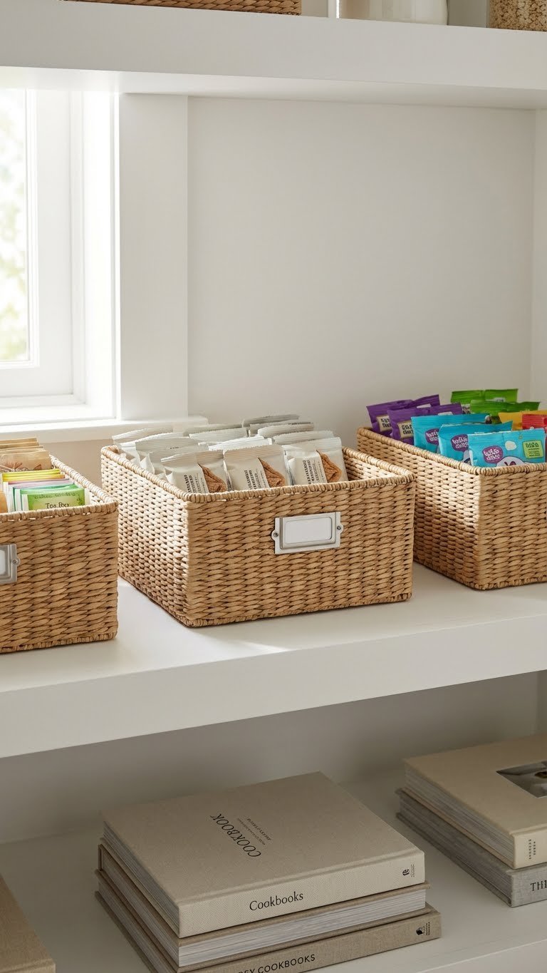 Minimalist Kitchen Pantry: 11 Smart Ideas To Organize 15 Minimalist kitchen pantry shelf neatly organized with matching natural woven baskets for small items, enhancing a clutter-free look.