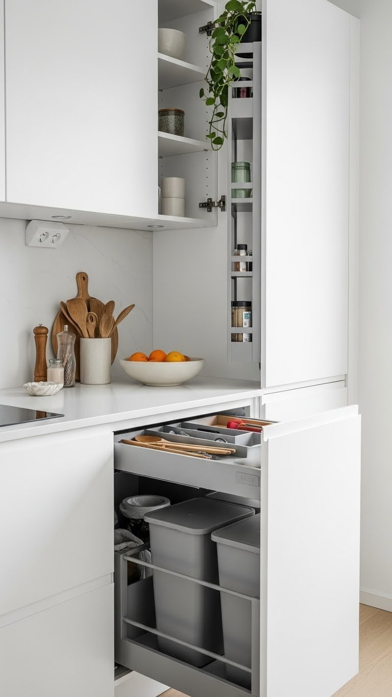 Minimalist kitchen showcasing clever hidden storage solutions and completely decluttered countertops