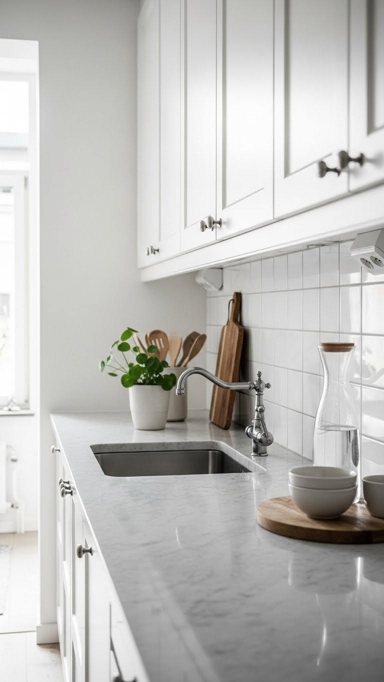 Minimalist kitchen with light grey quartz countertops and white subway tile backsplash