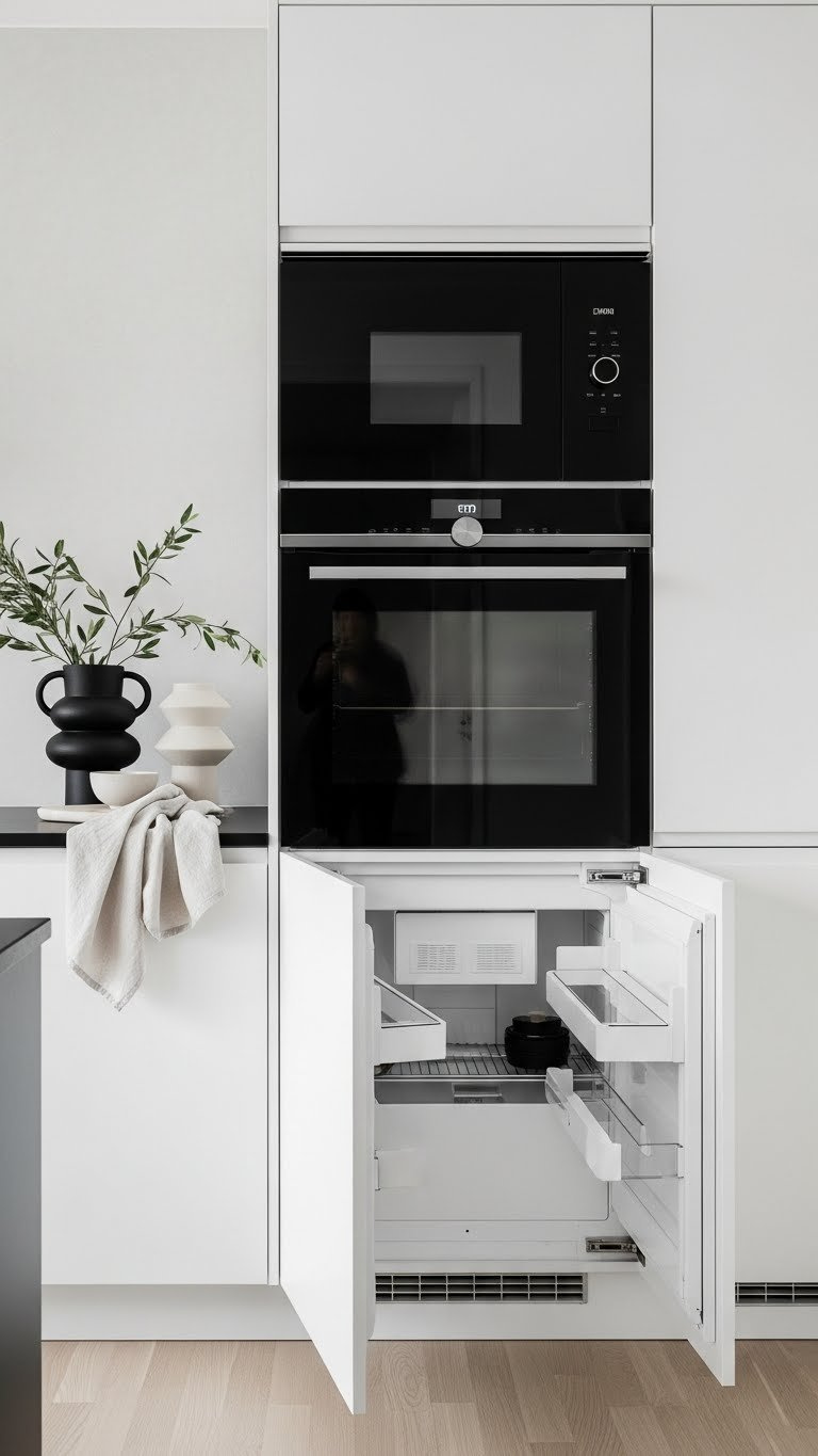 Minimalist kitchen with seamless appliance integration featuring black countertops and flush-panel cabinetry
