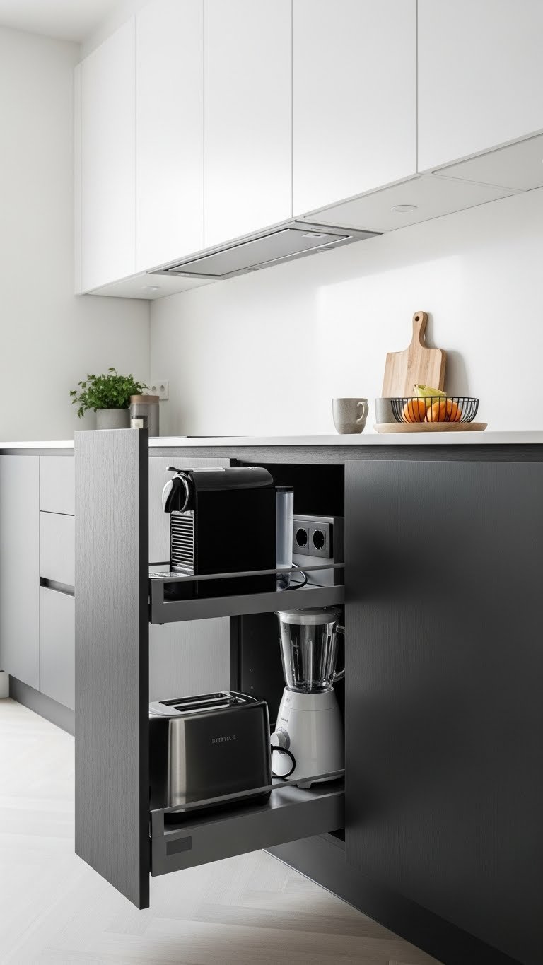 Proven Pull Out Pantry Ideas: Maximize Space In Any Kitchen 11 Minimalist kitchen's hidden appliance pull-out pantry, storing coffee maker, toaster, and blender.
