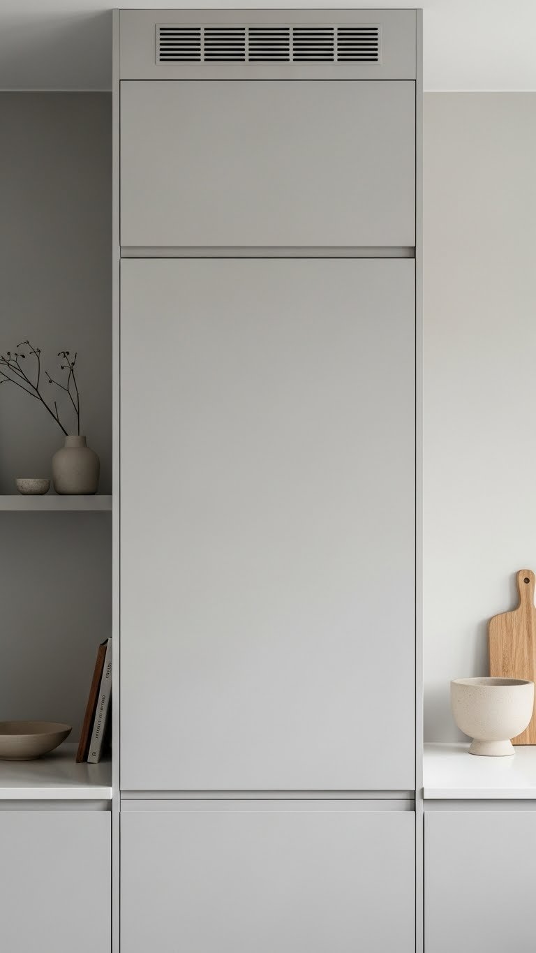 Minimalist light grey handleless kitchen cabinets extending to ceiling with soft natural lighting and subtle decorative accents in Scandinavian interior.
