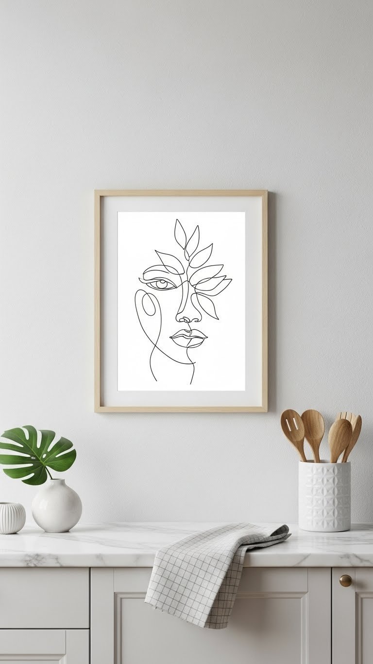Scandi Kitchen Artwork: 11 Essential Ideas For A Cozy Home 1 Minimalist line art drawing in light wooden frame hanging on gray scandi kitchen wall with soft natural lighting and marble countertops