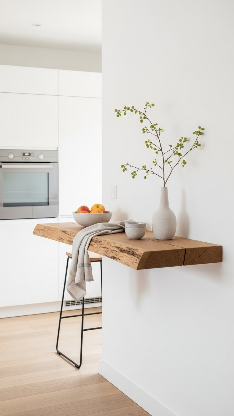 Minimalist live edge wood floating shelf acting as compact island with natural wood tones and clean white background
