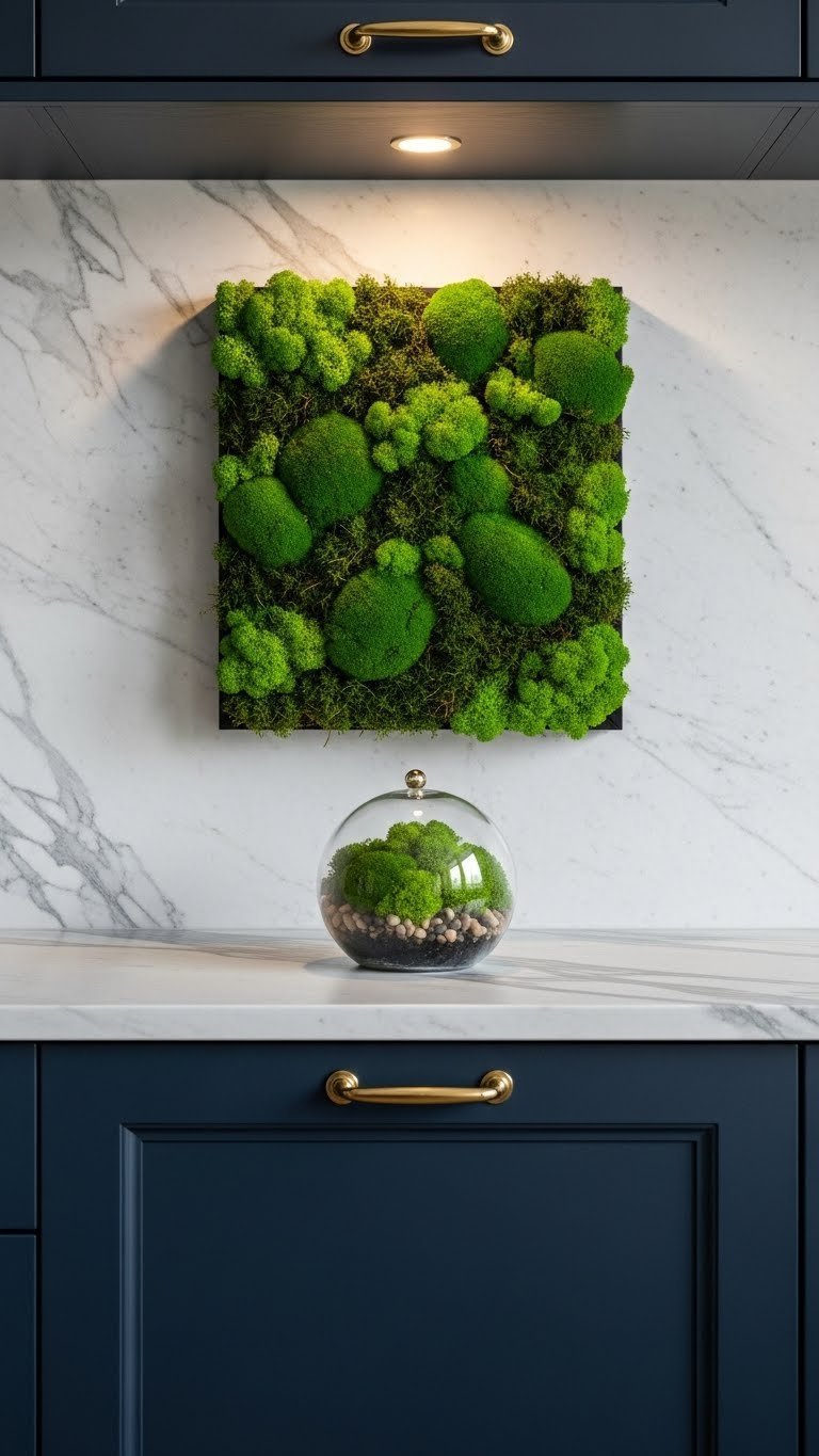 Minimalist living moss wall art on a dark marble kitchen countertop with blurred navy blue cabinetry backdrop.