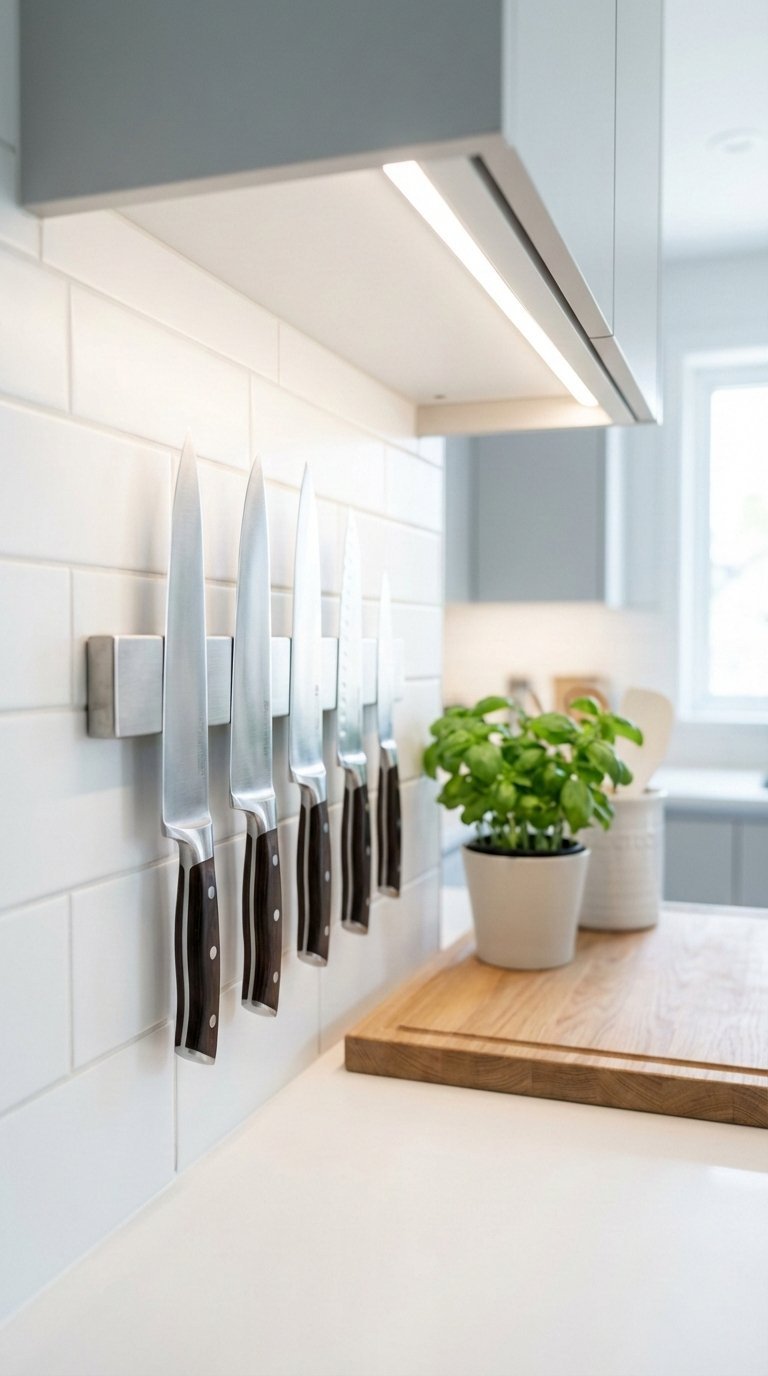 Minimalist magnetic knife strip holding collection of high-quality kitchen knives on subway tile backsplash.