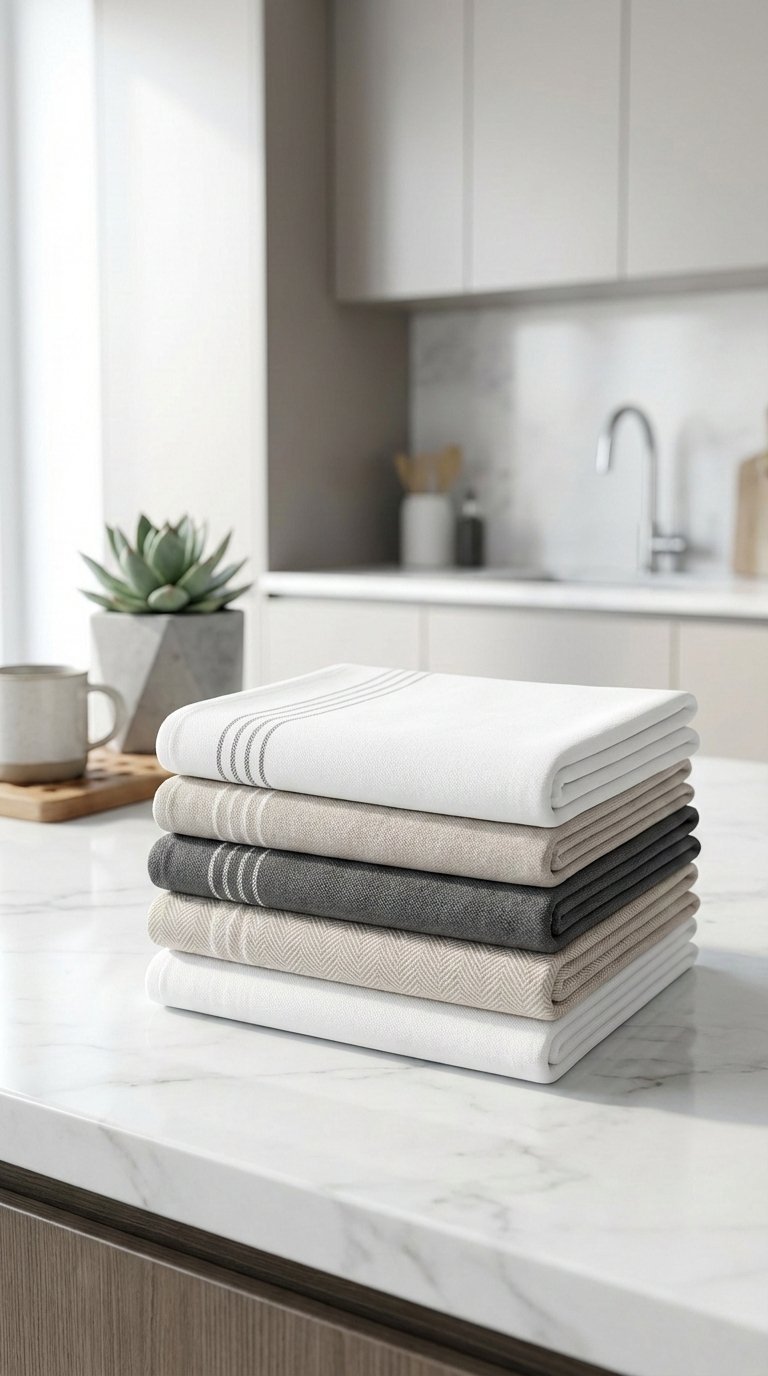 9 Kitchen Hand Towel Gift Ideas: Unique &Amp; Thoughtful 17 Minimalist modern kitchen towels stacked on marble countertop in contemporary kitchen.