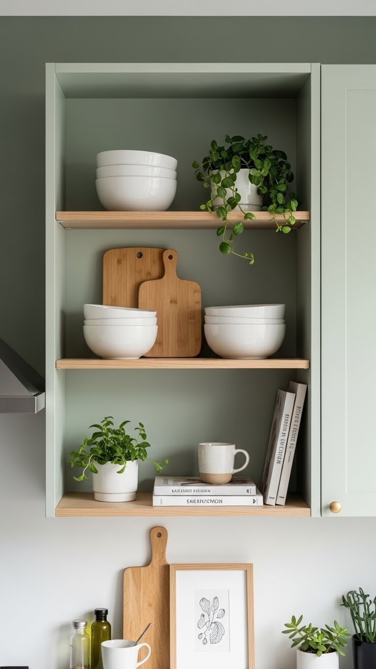 Minimalist open shelf styled with white ceramic bowls, wood cutting boards, and green plants