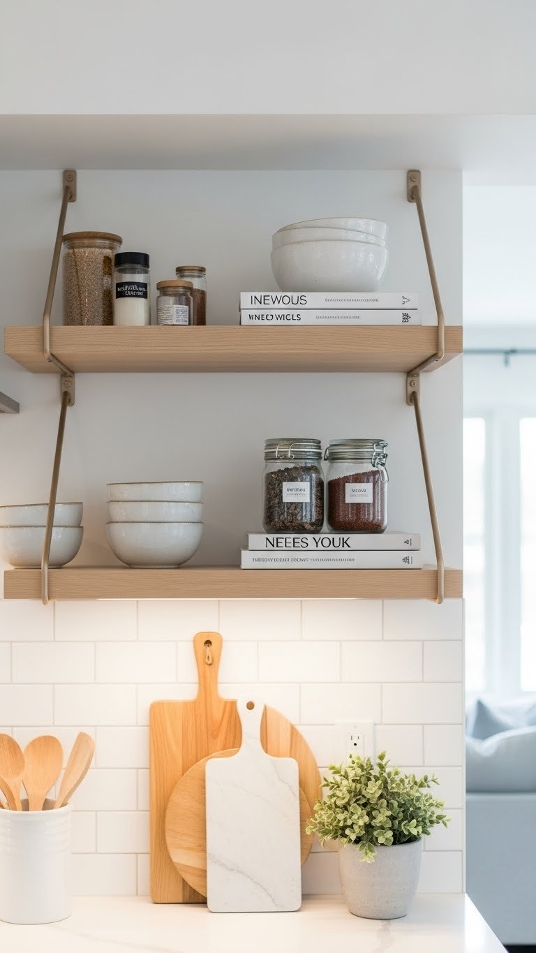 Minimalist open shelving with curated kitchen essentials including ceramic bowls, glass spice jars, and natural wood accents