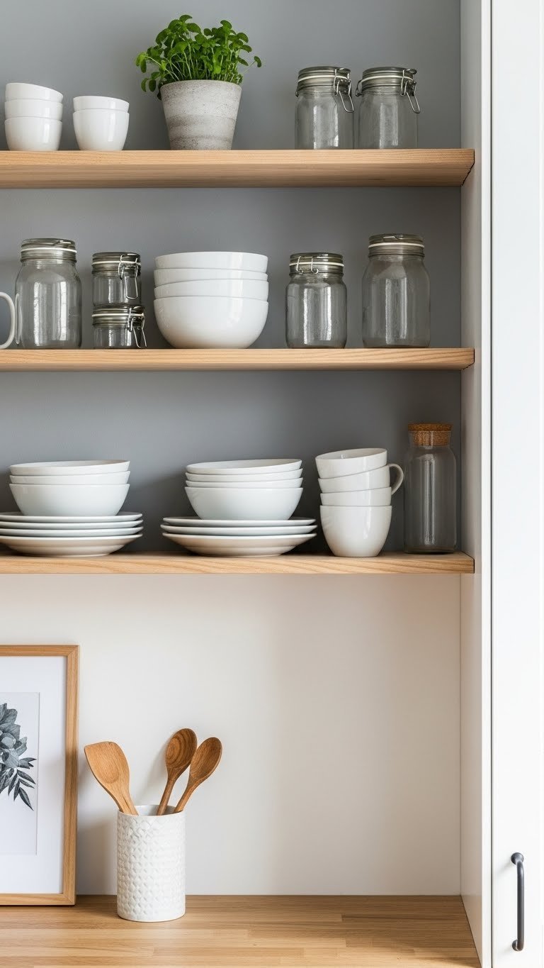 Minimalist open shelving with light wood displaying white ceramic dishes and glass jars in modern Scandinavian kitchen design.