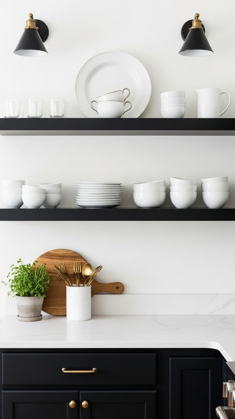 Minimalist open shelving with white ceramic plates and greenery against black kitchen cabinets in daylight.