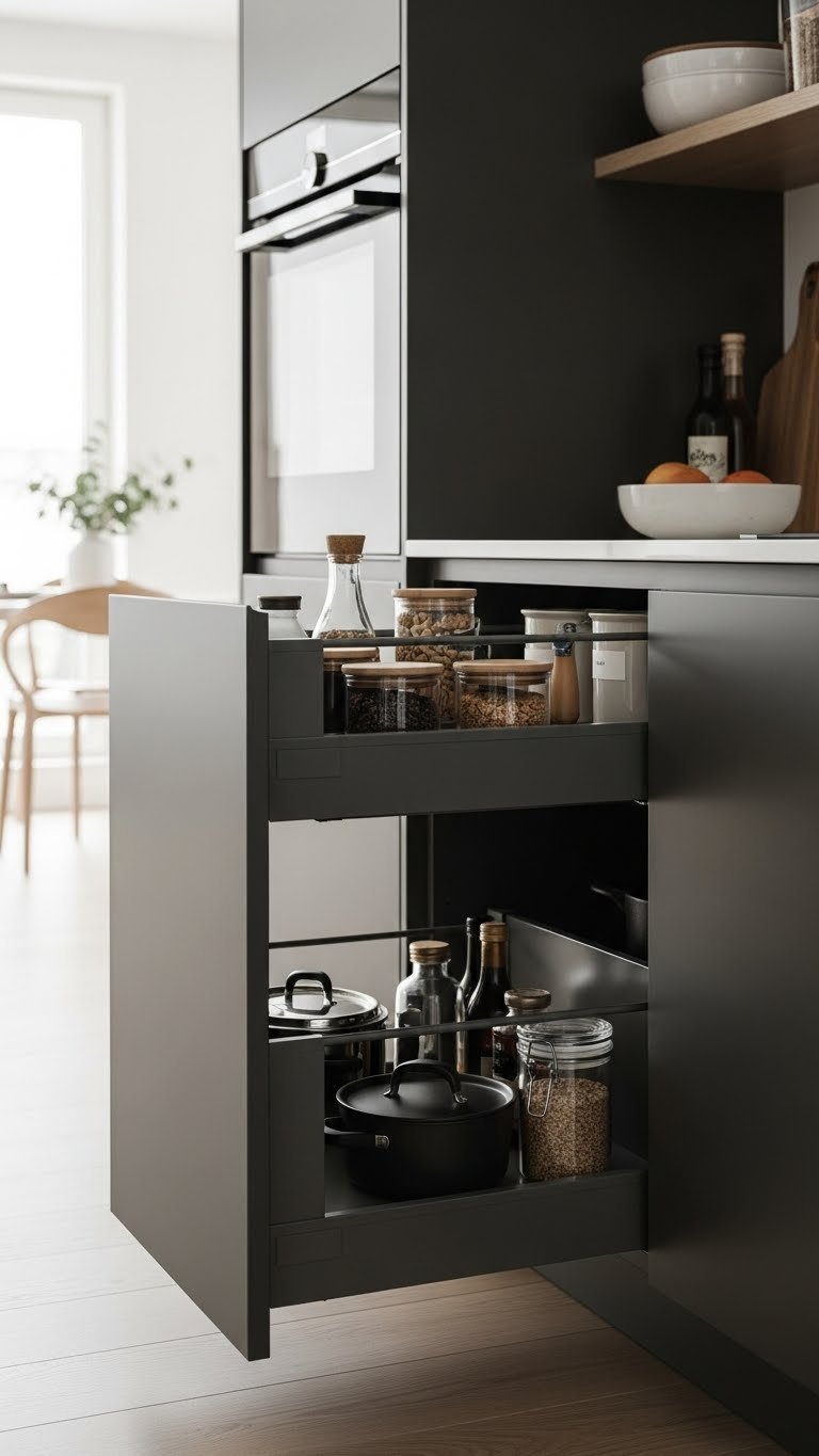 Moody Scandi Kitchen: 5 Genius Tips For A Dark Modern Look 7 Minimalist organized dark kitchen cabinet interior with neatly arranged cookware and pantry items