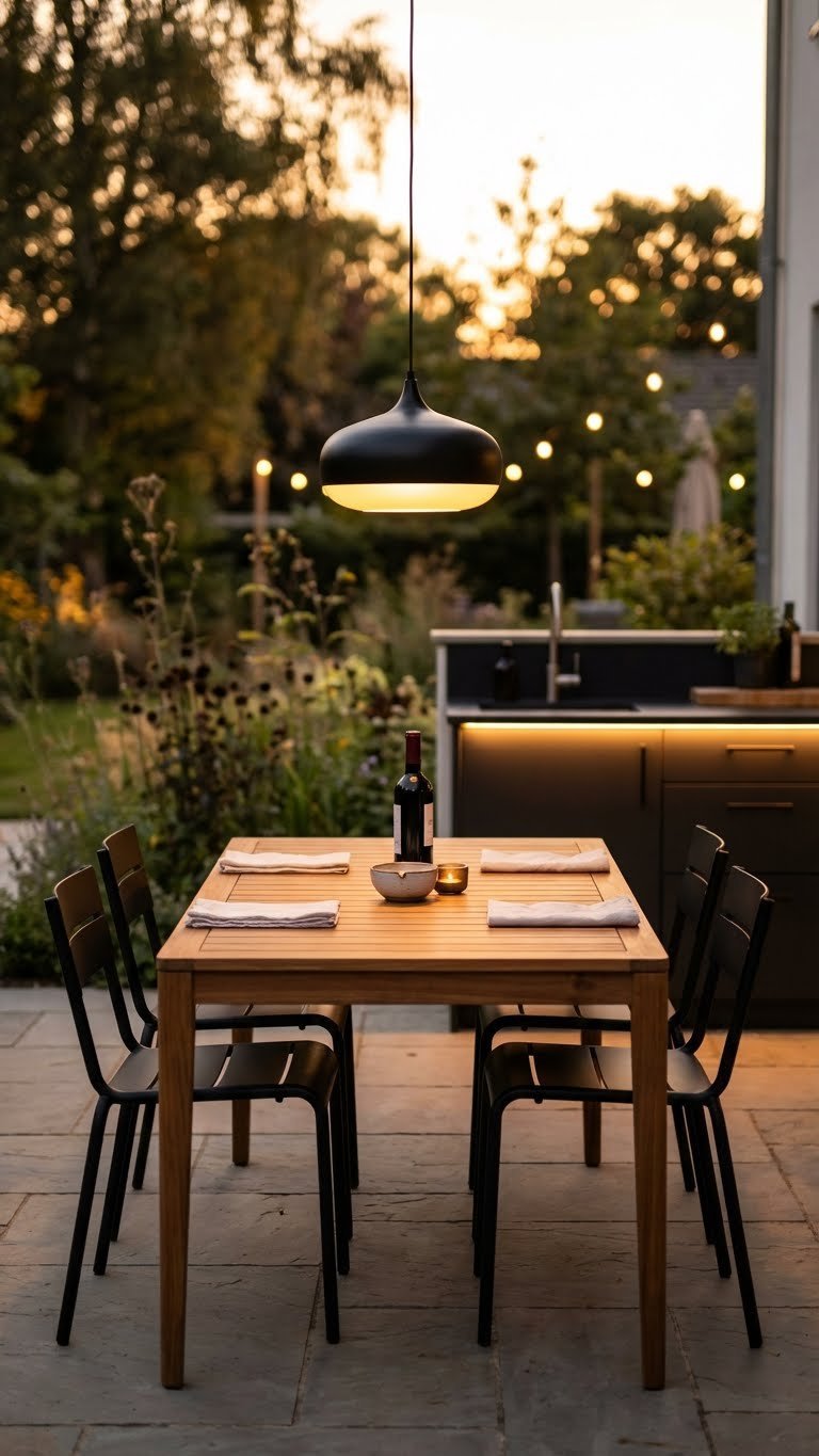 Minimalist outdoor dining area with teak wood table, black chairs, and pendant light at twilight