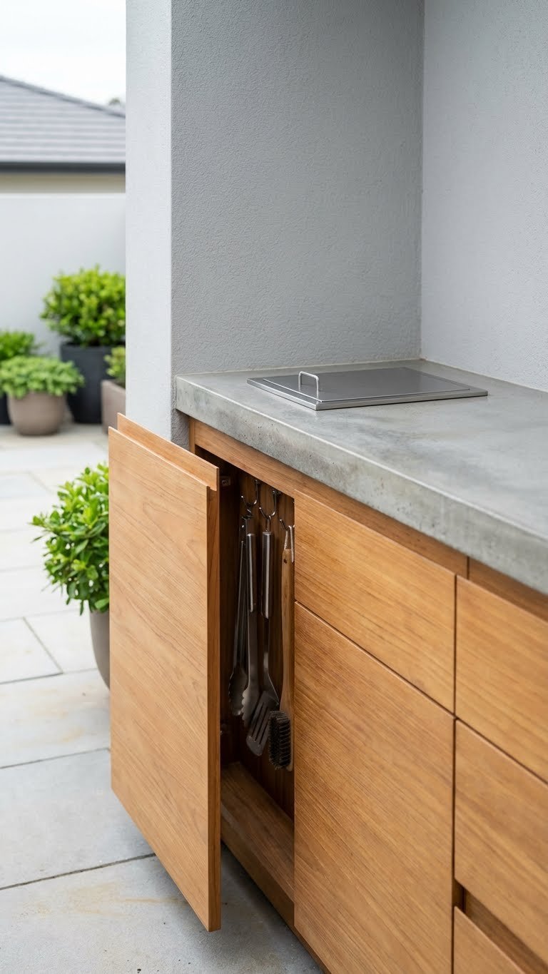 Minimalist outdoor kitchen cabinets with teak wood panels and organized grilling tool storage