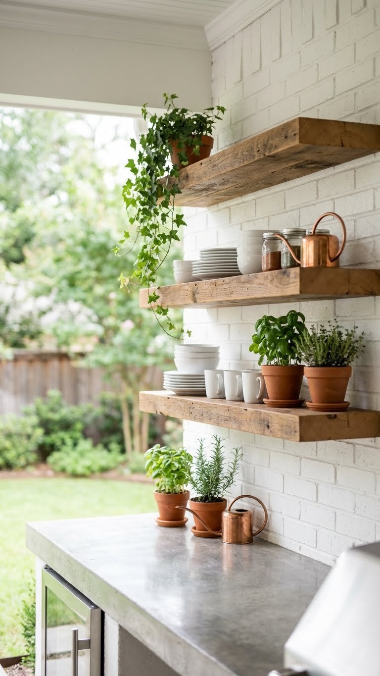 Minimalist outdoor kitchen with reclaimed wood floating shelves and white ceramic dishes on white brick wall