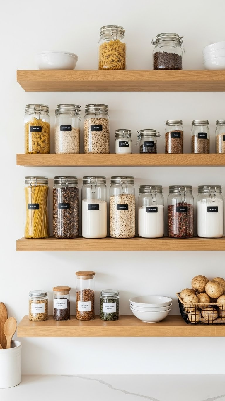 Minimalist pantry extension with clear glass canisters holding pasta and rice on light wood floating shelves