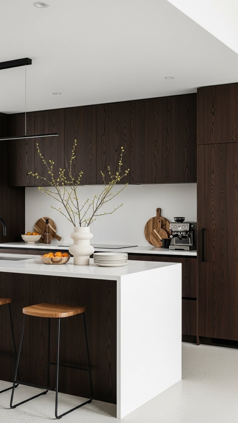 Minimalist rustic kitchen with dark wood cabinets, white waterfall island, and polished concrete floors