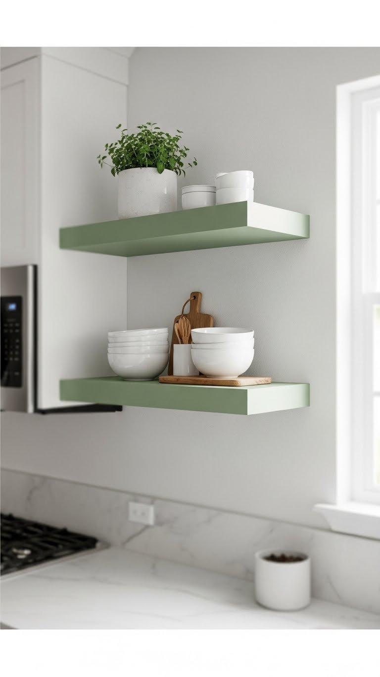 Minimalist sage green floating shelves with white ceramic bowls and herb plant in a small kitchen storage solution